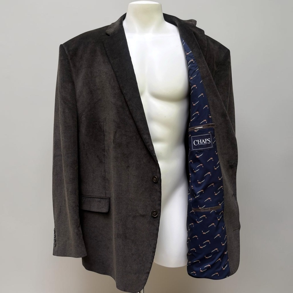 Chaps Corduroy Blazer 56L Dark Brown Cotton Elbow Patches Pheasant Lining Preppy
